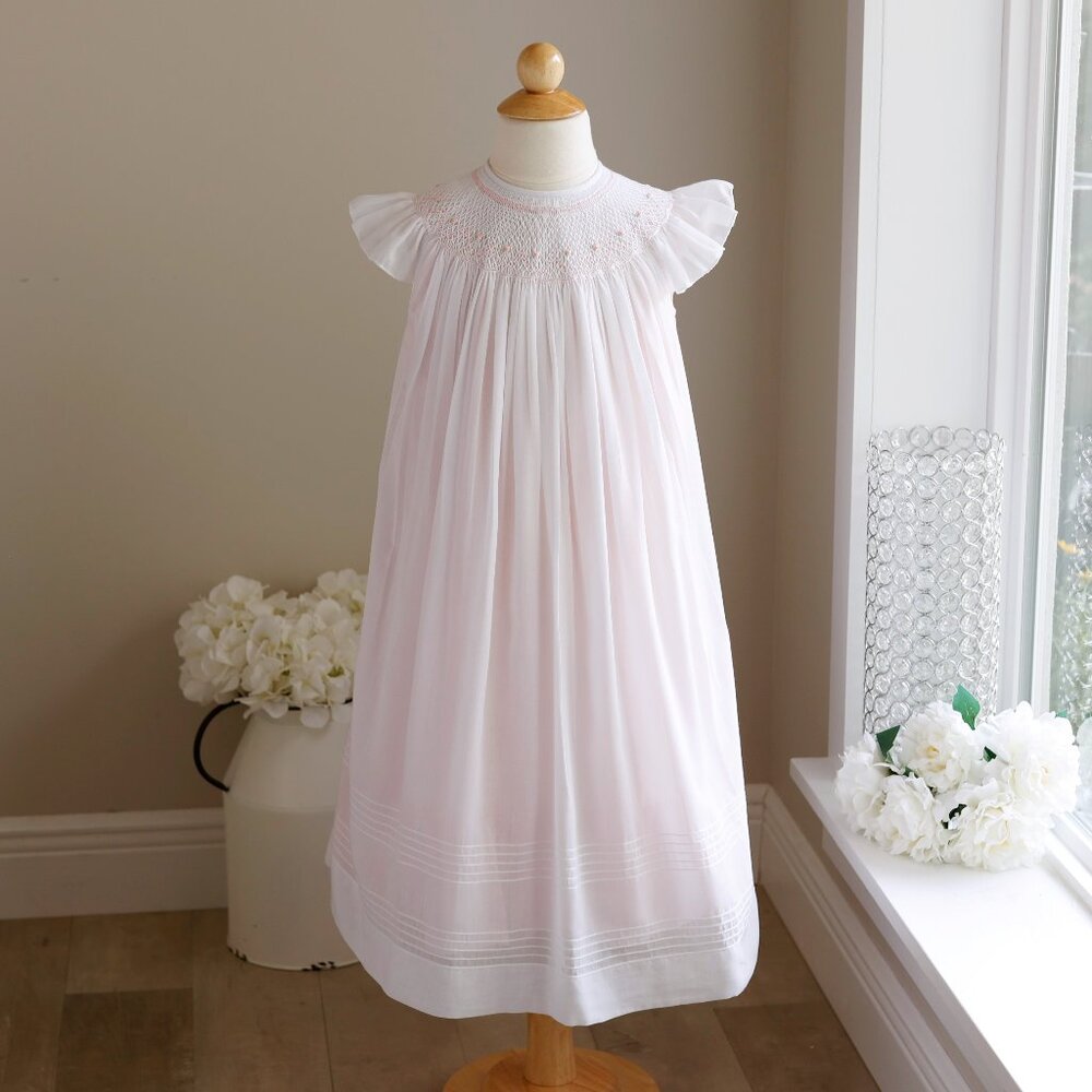 White Smocked Flower Girl Dress Pink Slip Special Occasion Heirloom Size 4 NWOT